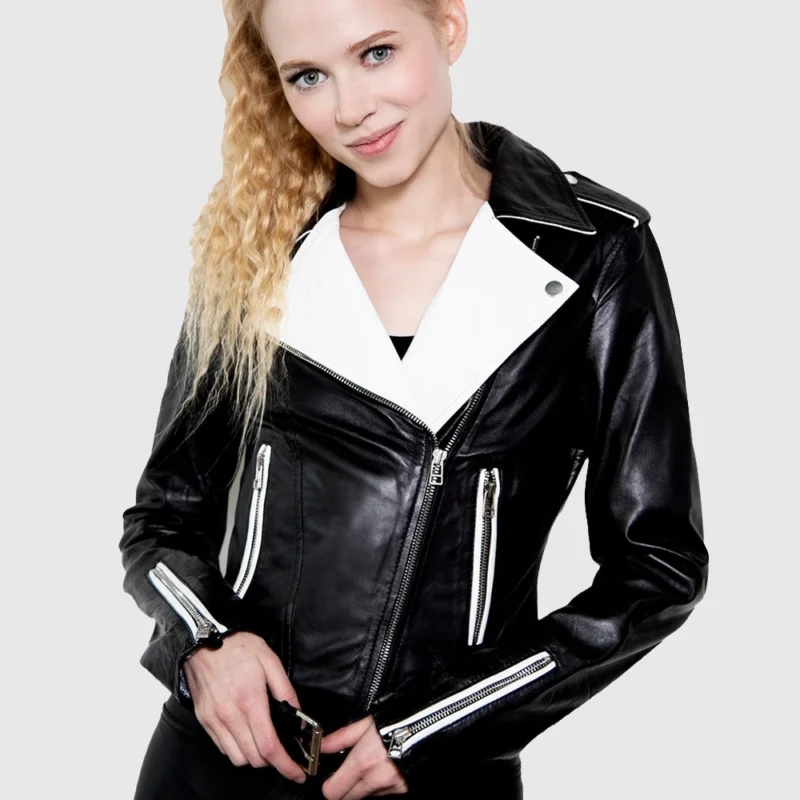 black and white women leather jacket