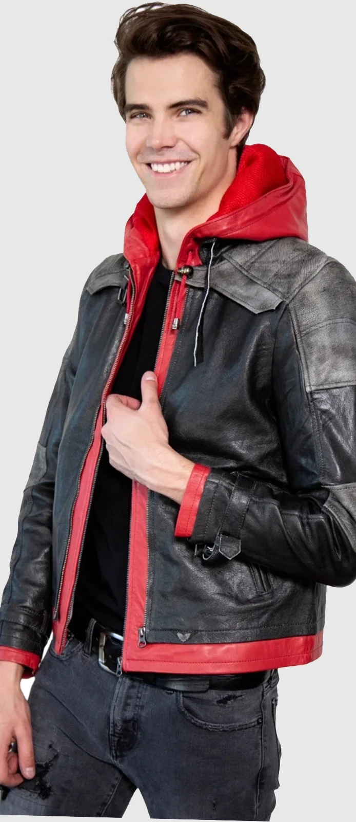 Mens Arkham Red Hood Leather Jacket front 3