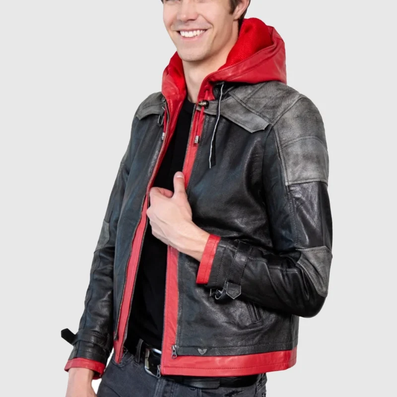 Mens Arkham Red Hood Leather Jacket front 3