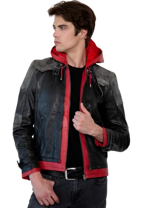 Mens Arkham Red Hood Leather Jacket front 4