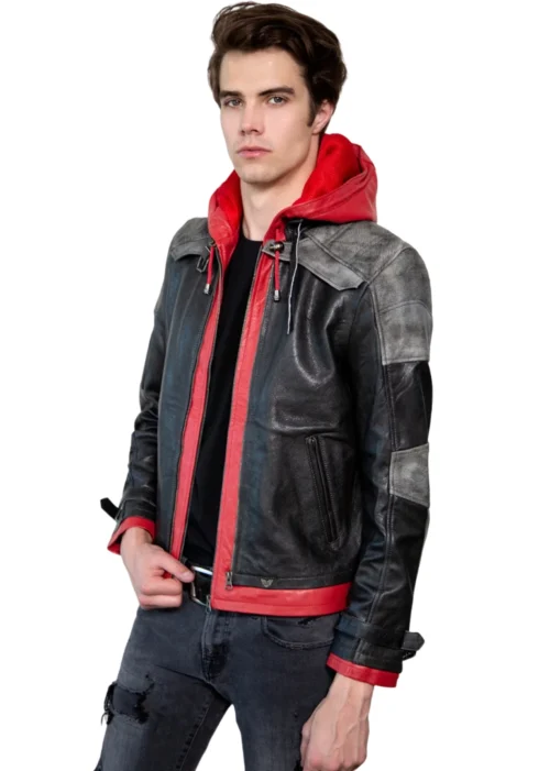 Mens Arkham Red Hood Leather Jacket front