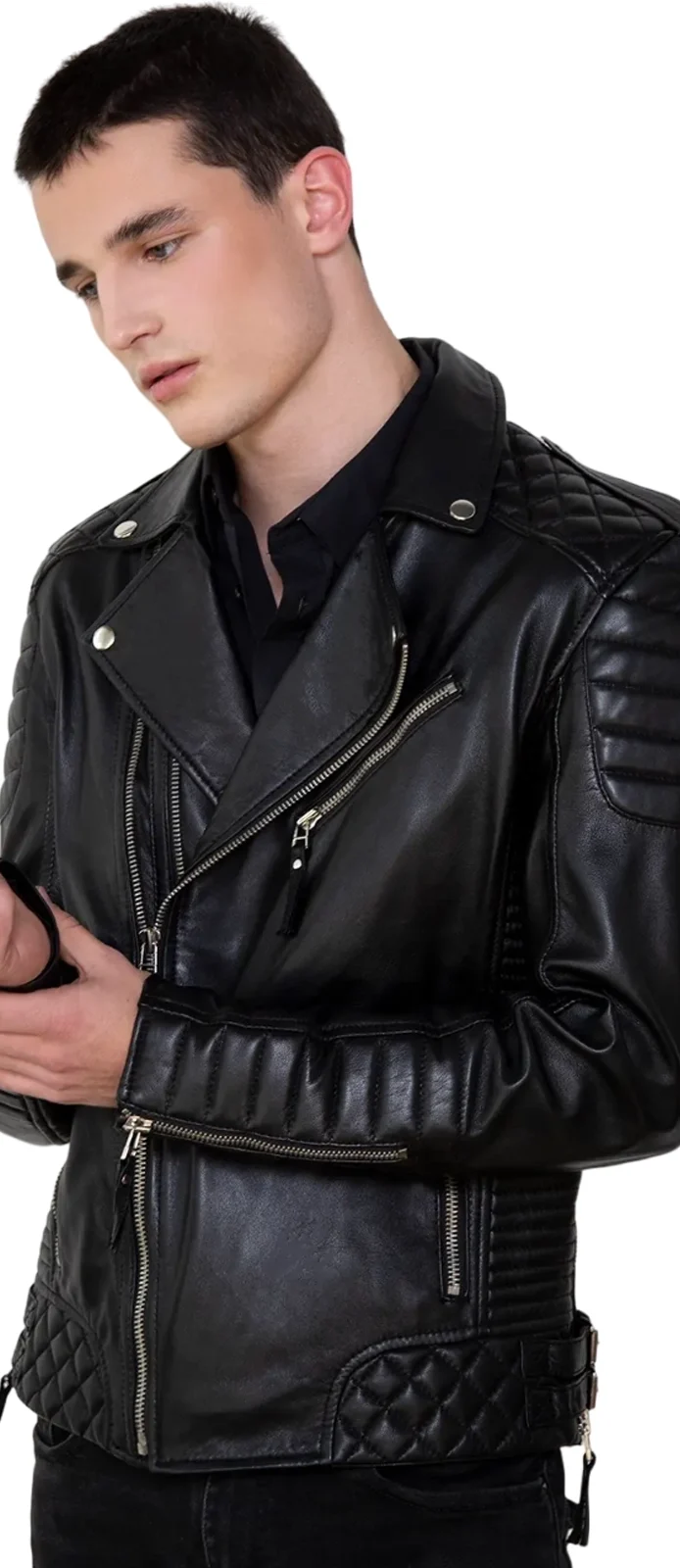 Quilted Black Leather Motorcycle Jacket For Men