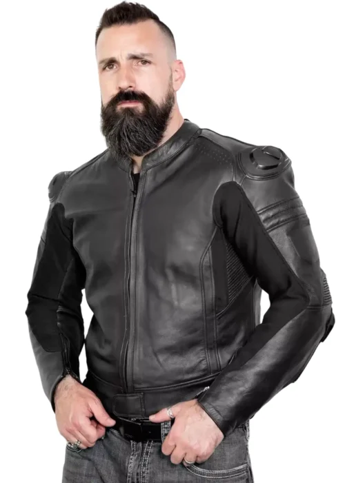 armored leather motorcycle jacket front