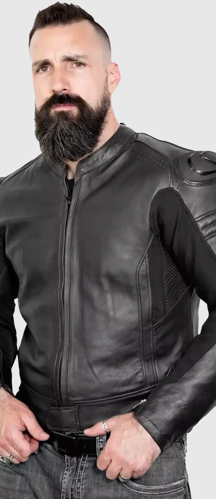 armoured leather motorcycle jacket front