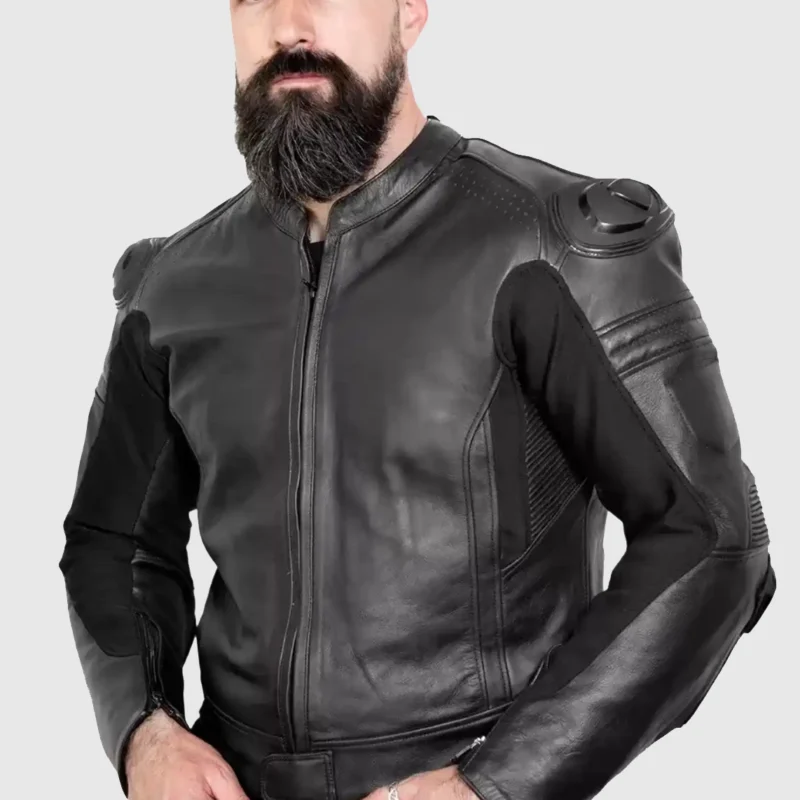 armoured leather motorcycle jacket front