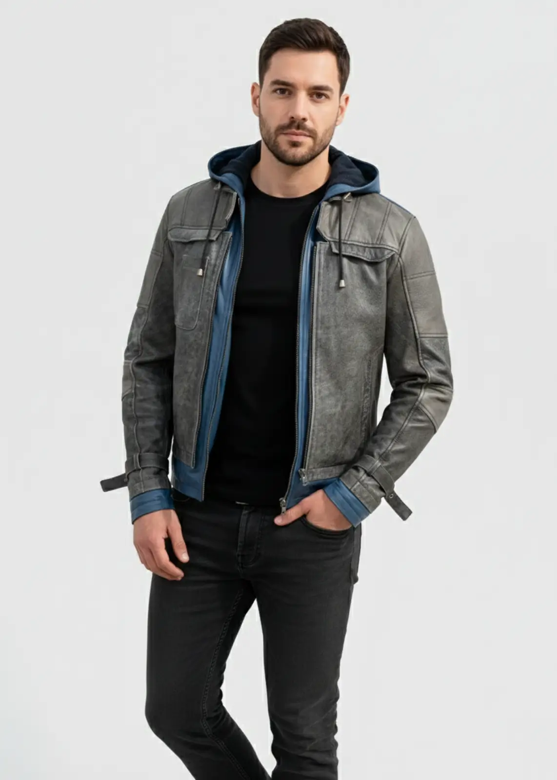 Blue Hoodie Nightwing Leather Jacket For Men