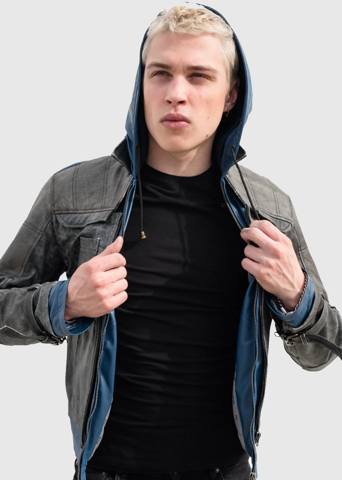 Blue Hoodie Nightwing Leather Jacket For Men