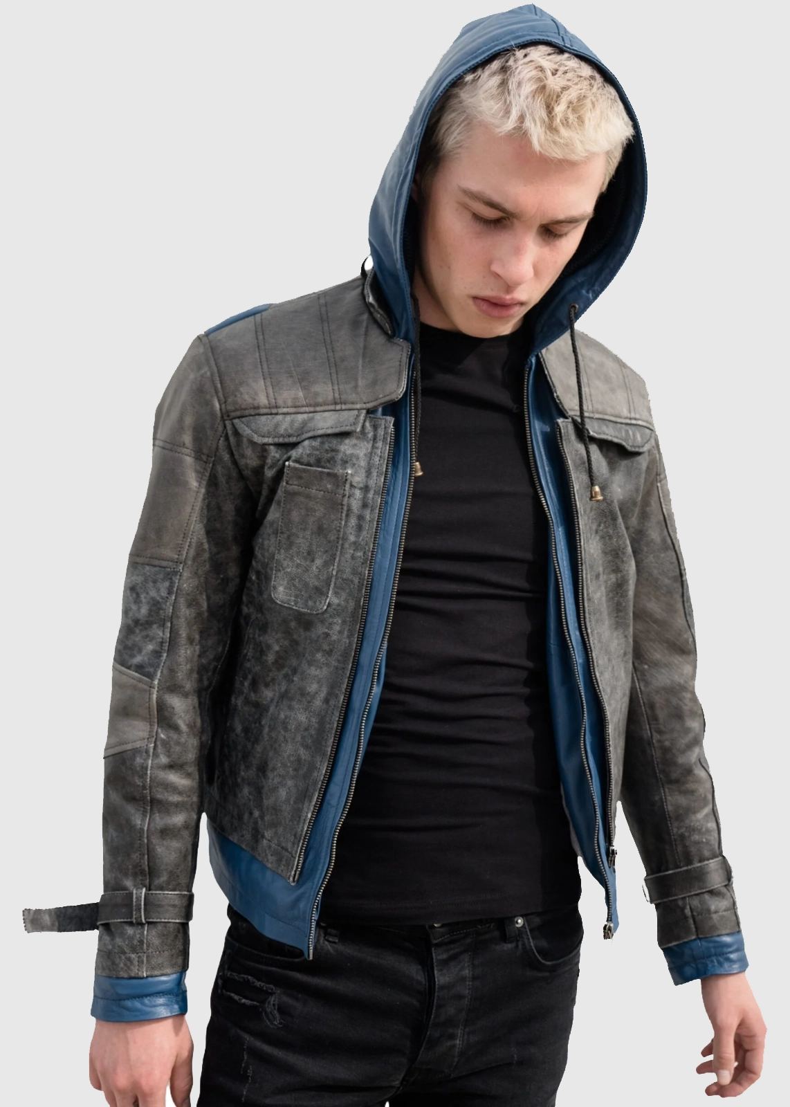 Blue Hoodie Nightwing Leather Jacket For Men