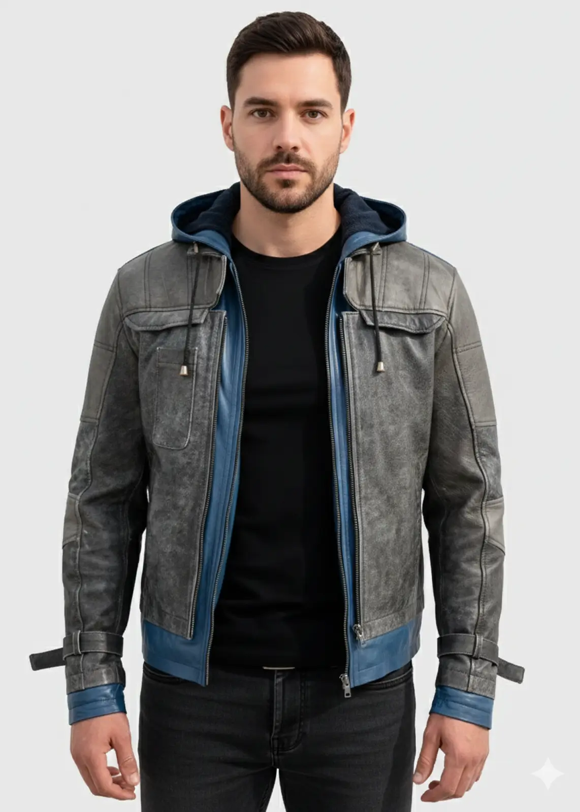 Blue Hoodie Nightwing Leather Jacket For Men