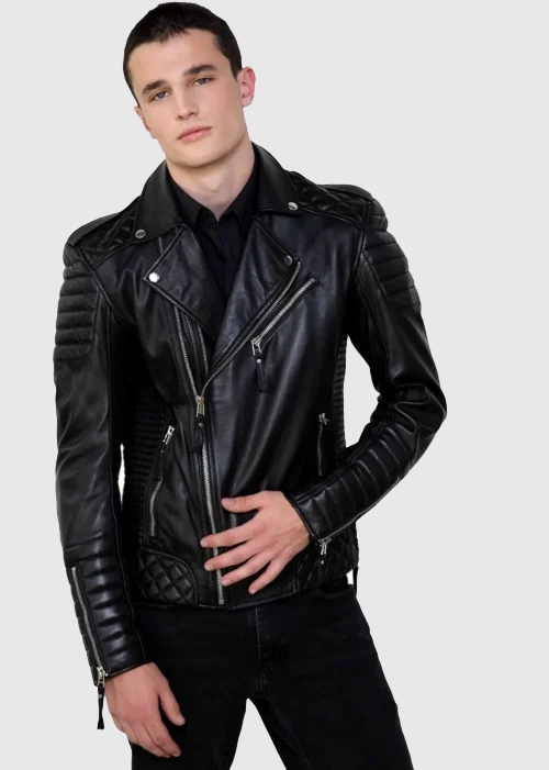 Quilted Black Leather Motorcycle Jacket For Men