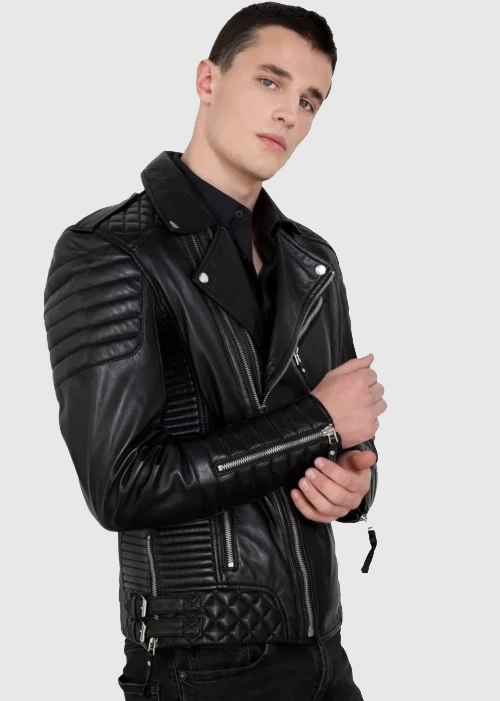 Quilted Black Leather Motorcycle Jacket For Men