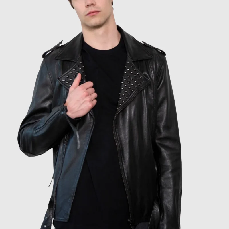 mens studded motorcycle leather jacket front