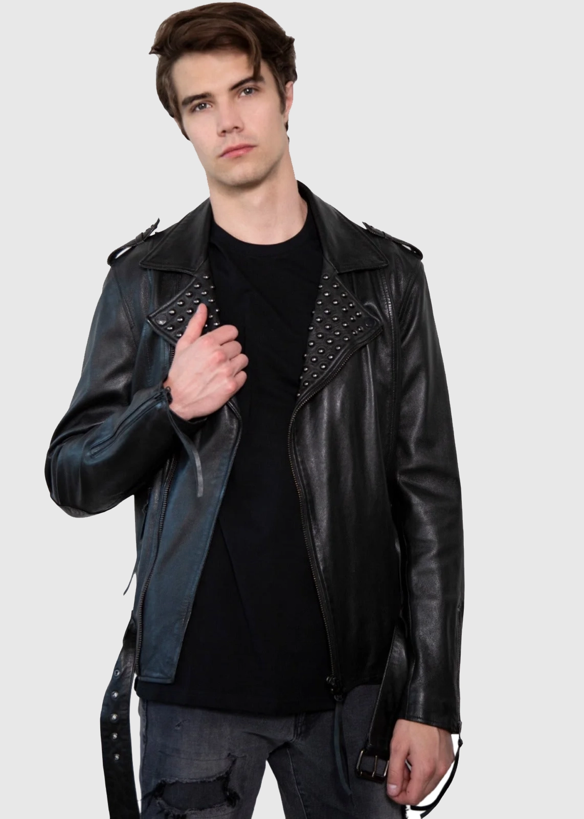 Black Studded Motorcycle Leather Jacket For Men