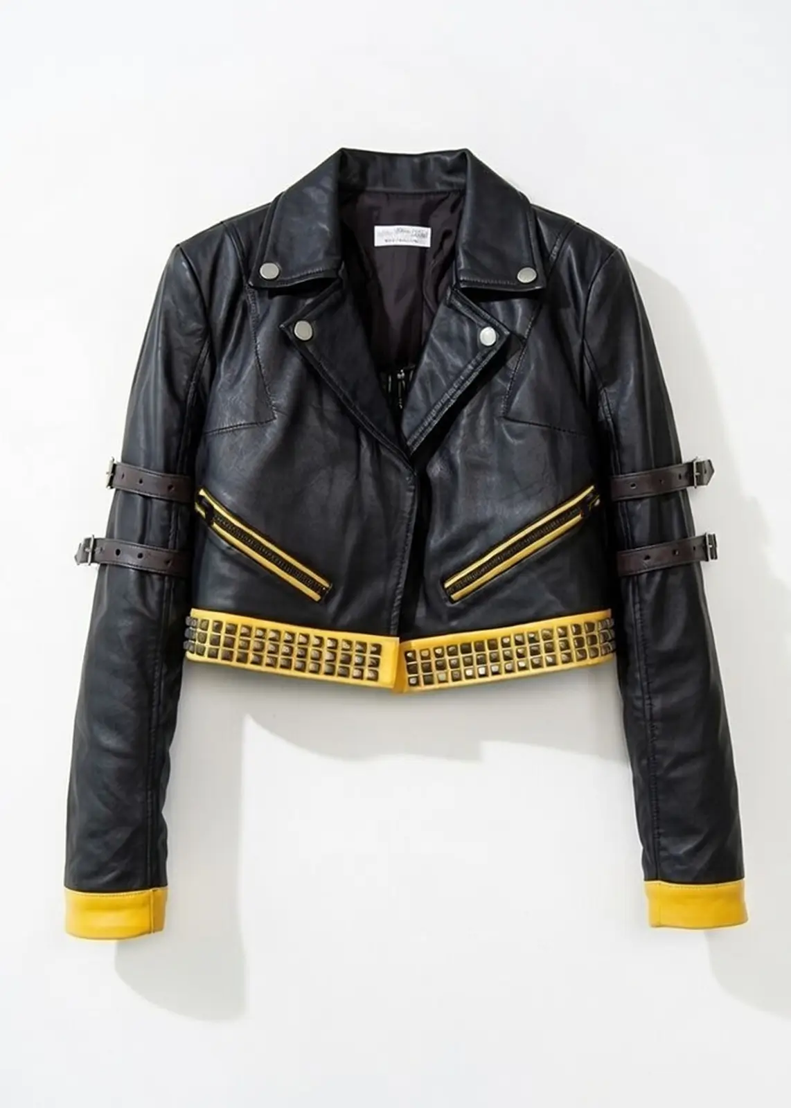Black And Yellow Crop Leather Jacket for Women