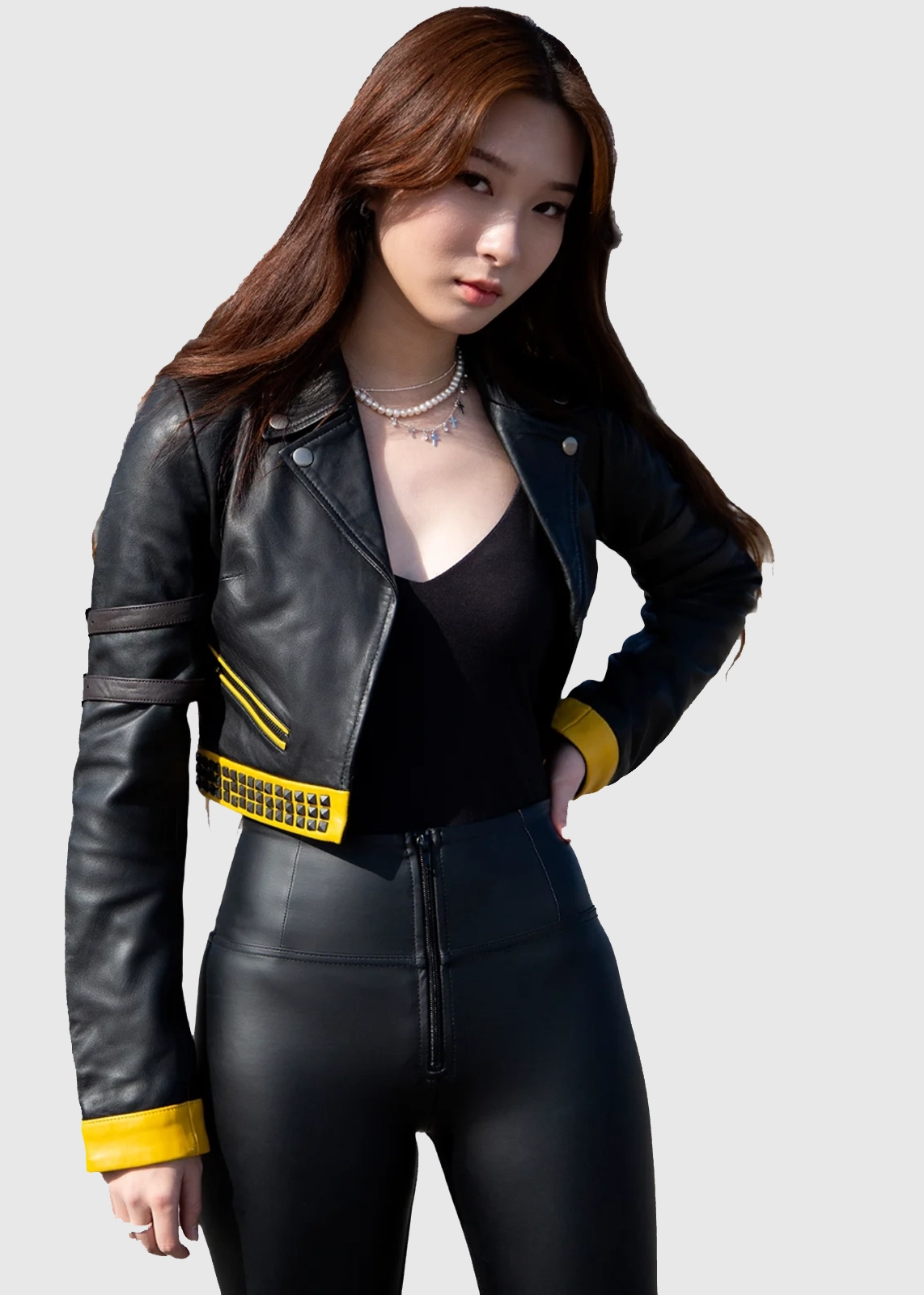 Black And Yellow Crop Leather Jacket for Women