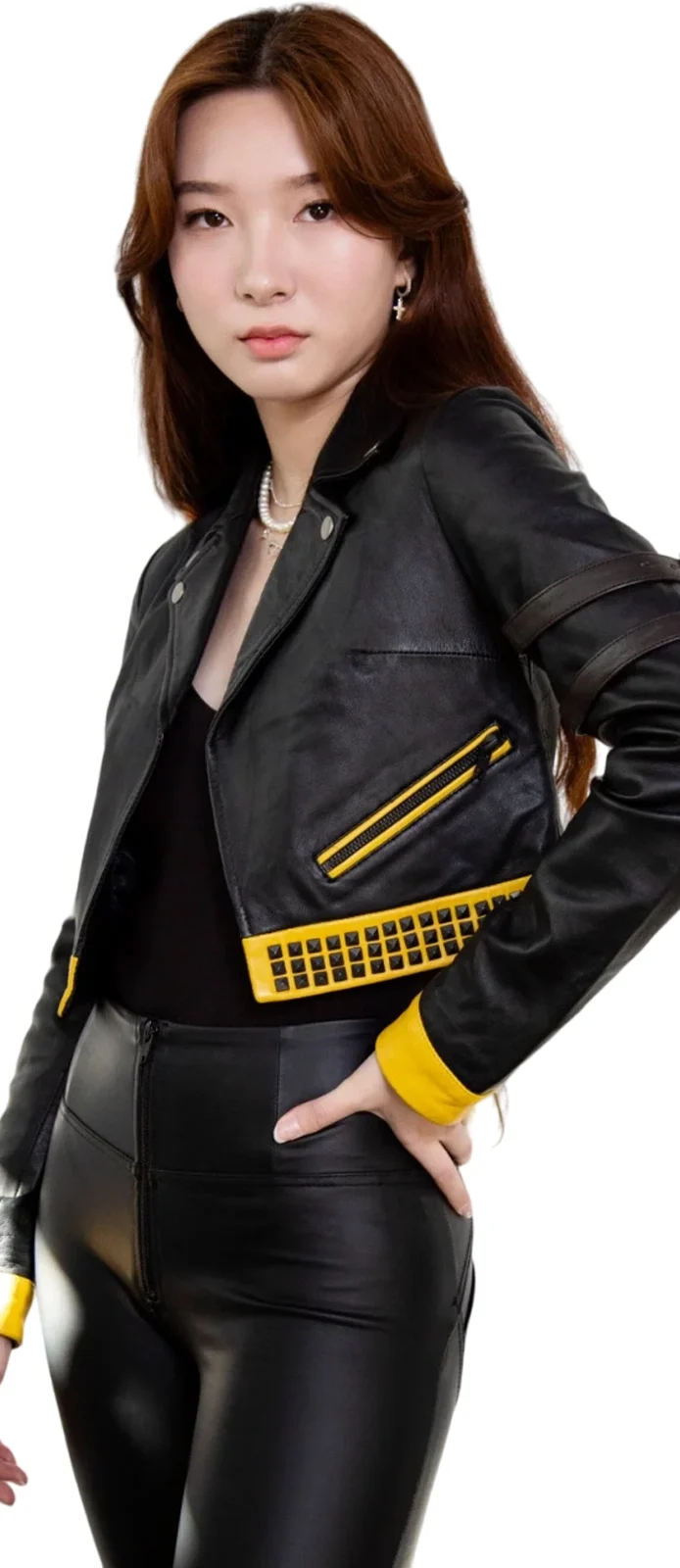 black and yellow crop top leather jacket left