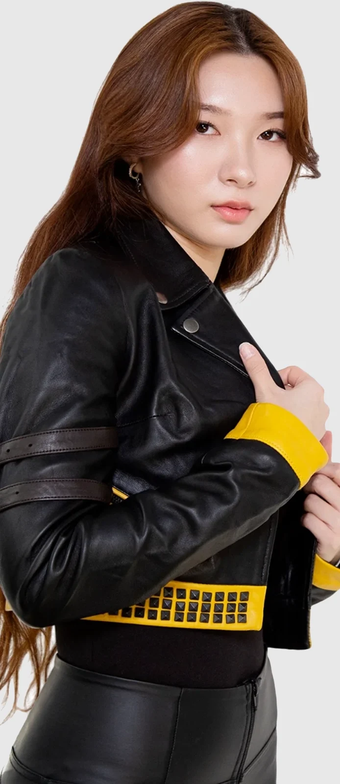 black and yellow crop top leather jacket right 2