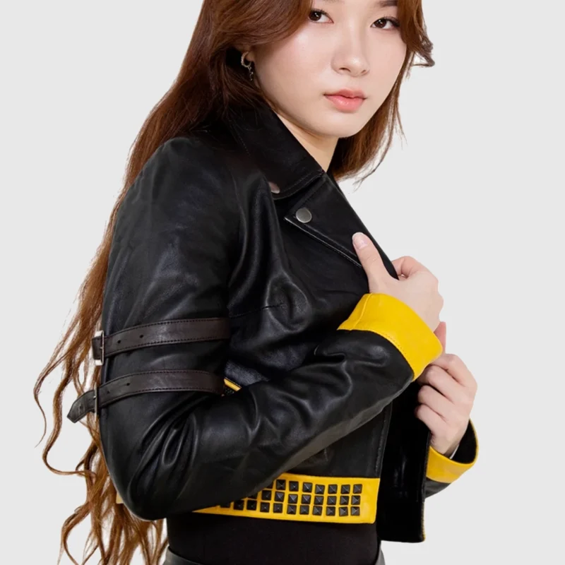 black and yellow crop top leather jacket right 2