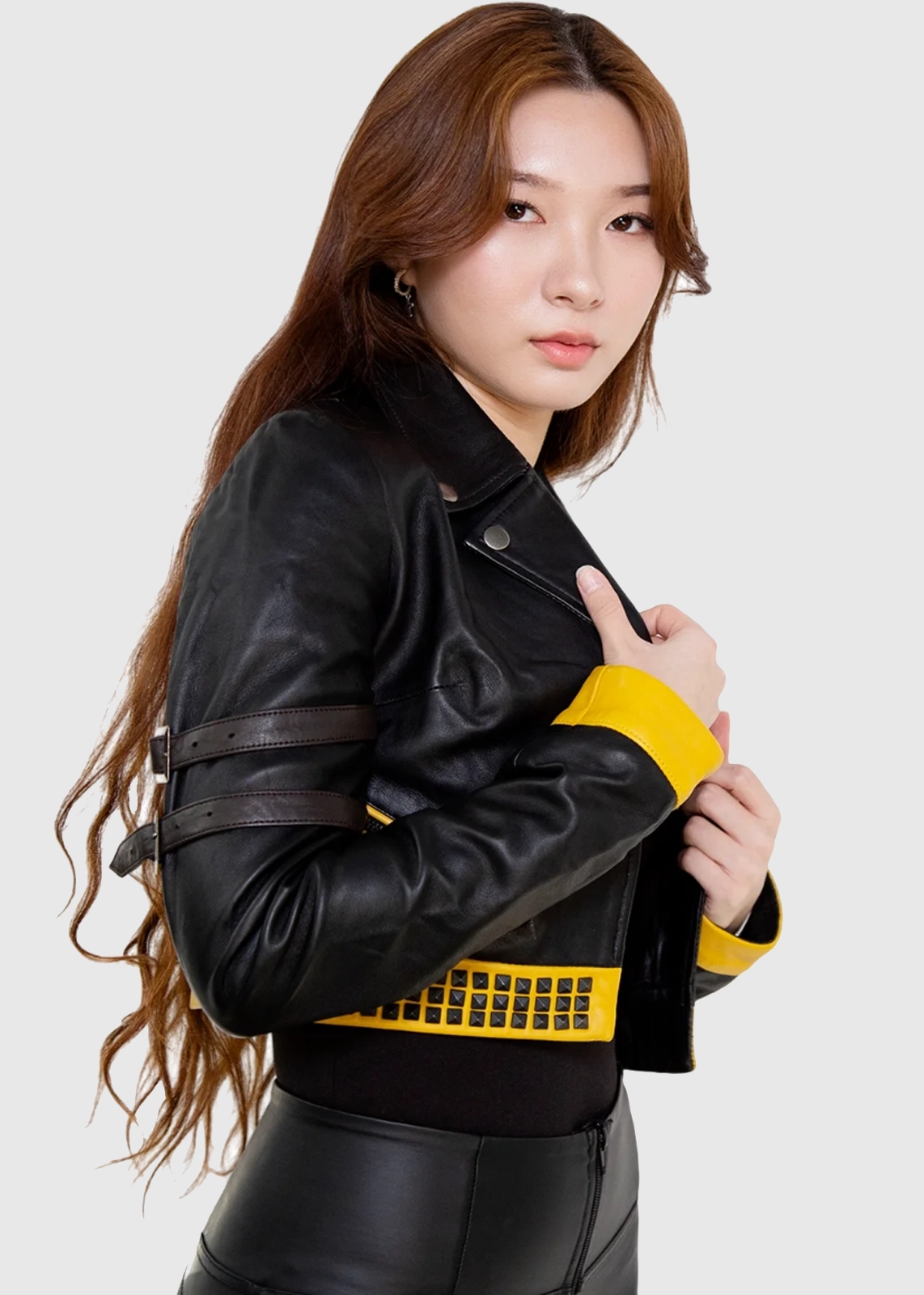 Black And Yellow Crop Leather Jacket for Women