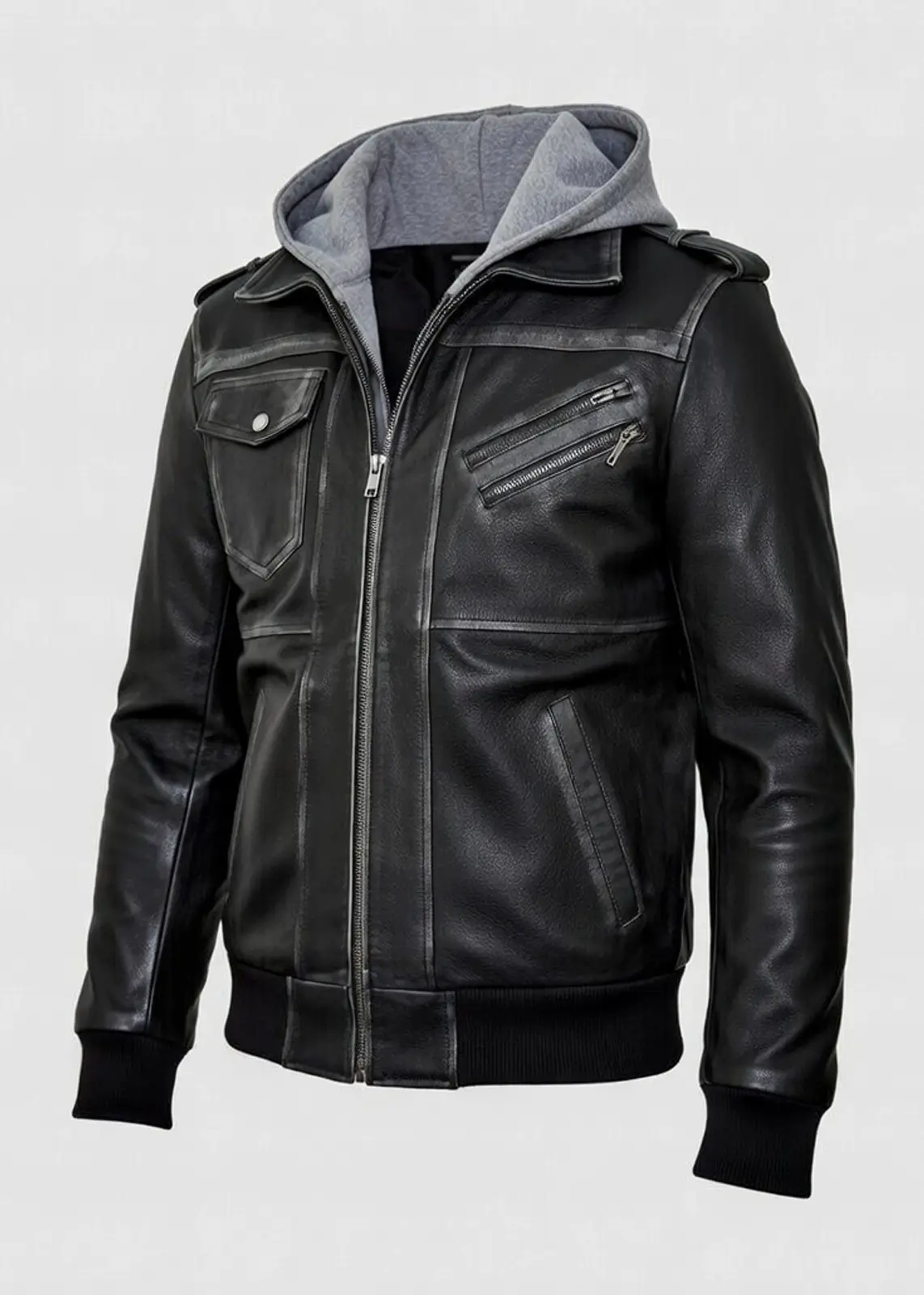 Men’s Gray Hooded Black Leather Jacket