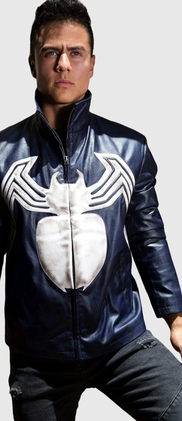 blue spiderman venom leather jacket front