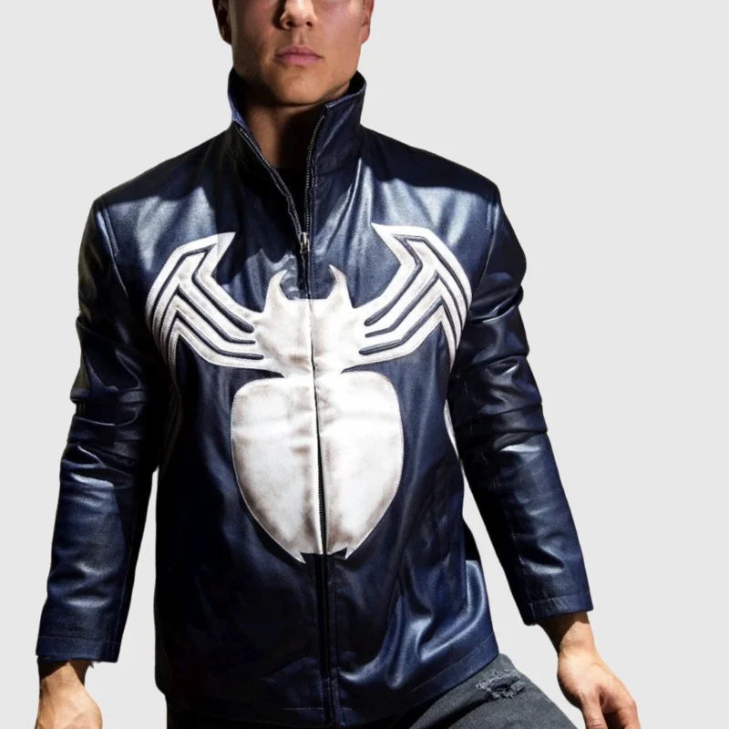 blue spiderman venom leather jacket front