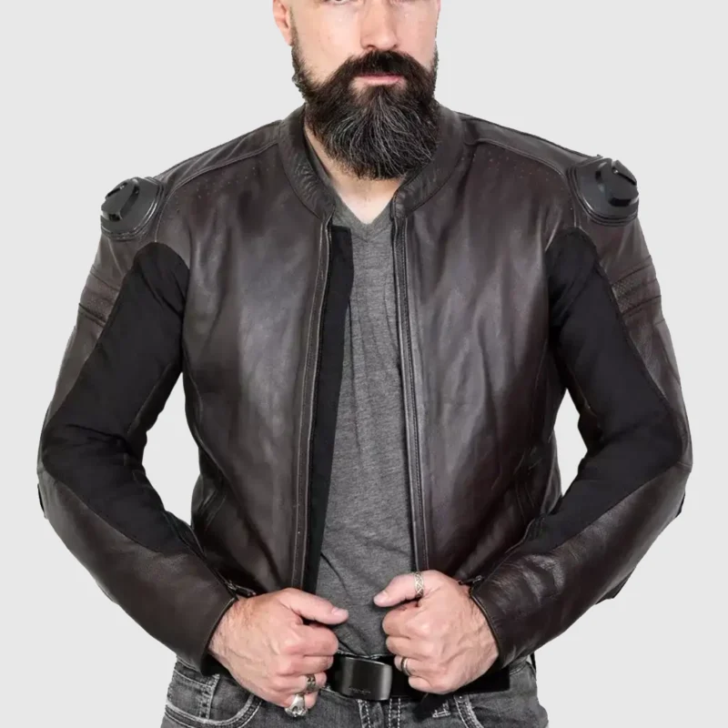 brown leather motorcycle jacket for men front