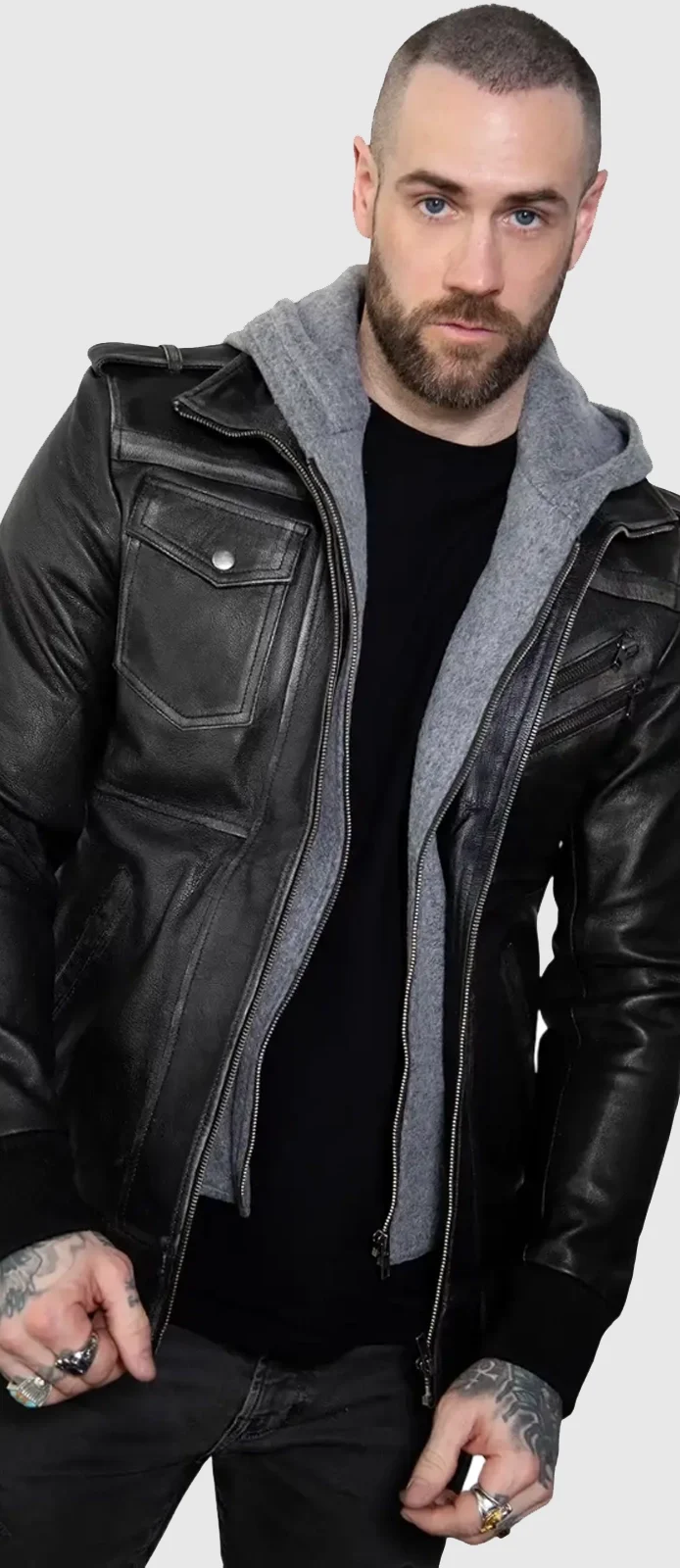 gray hooded black leather jacket front down