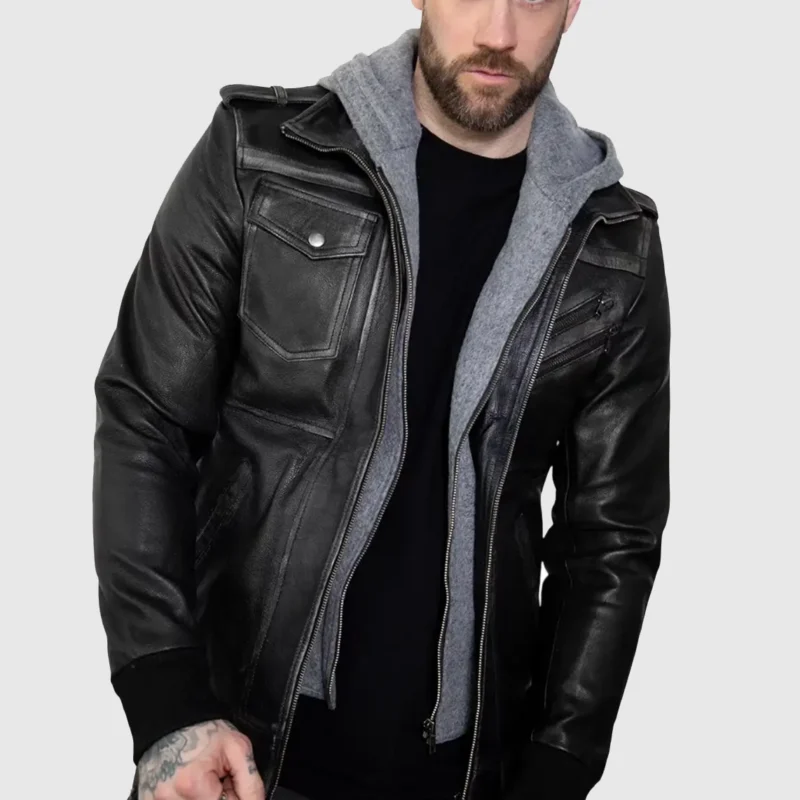 gray hooded black leather jacket front down