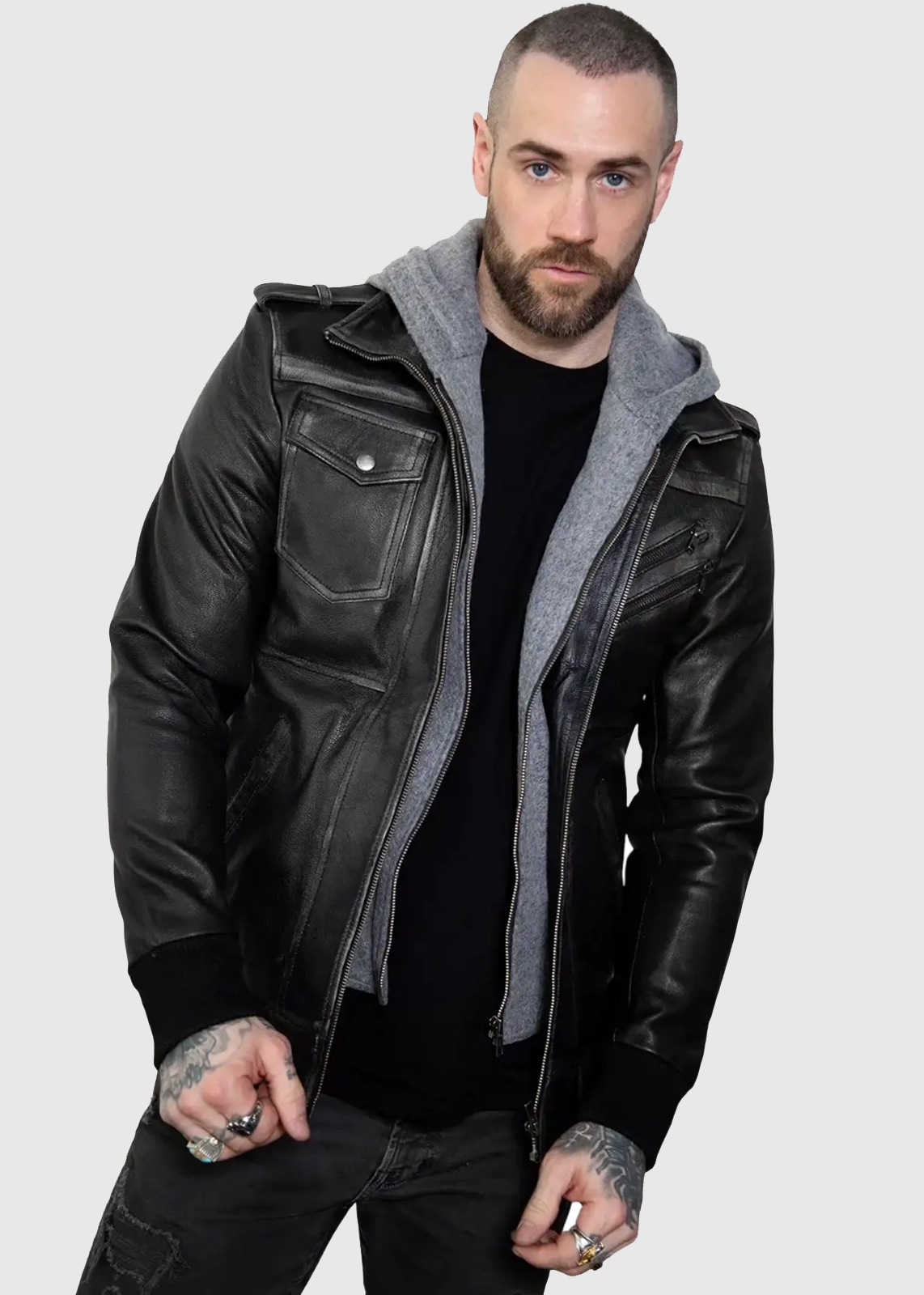 Men’s Gray Hooded Black Leather Jacket