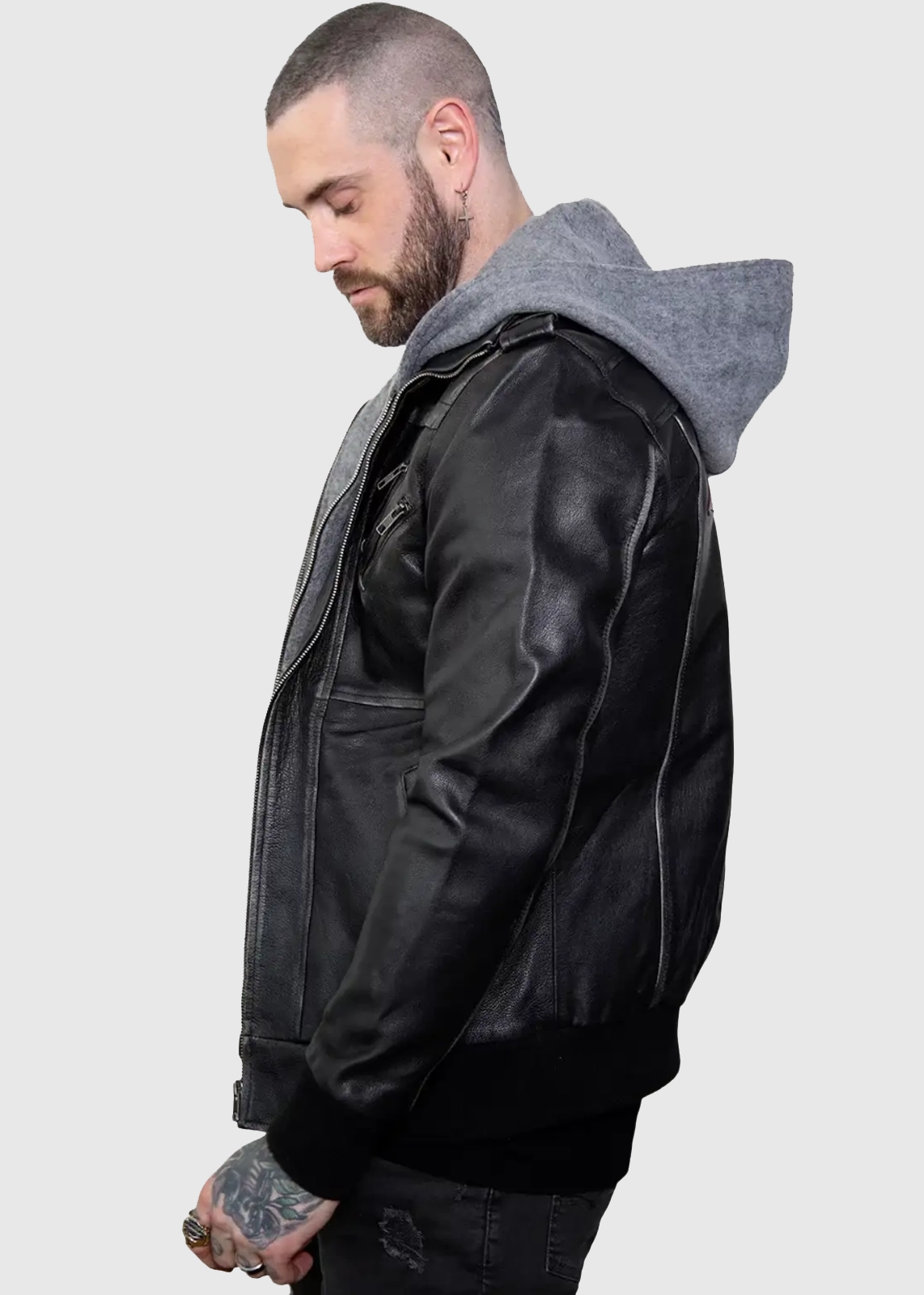 Men’s Gray Hooded Black Leather Jacket