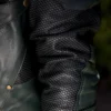 green arrow forest green leather jacket closeup