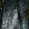 green arrow forest green leather jacket closeup 2