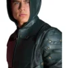 green arrow forest green leather jacket front