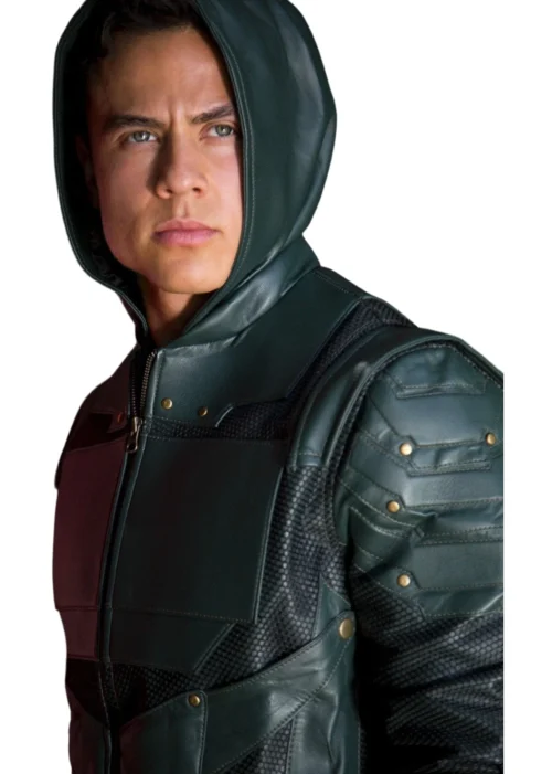 green arrow forest green leather jacket front