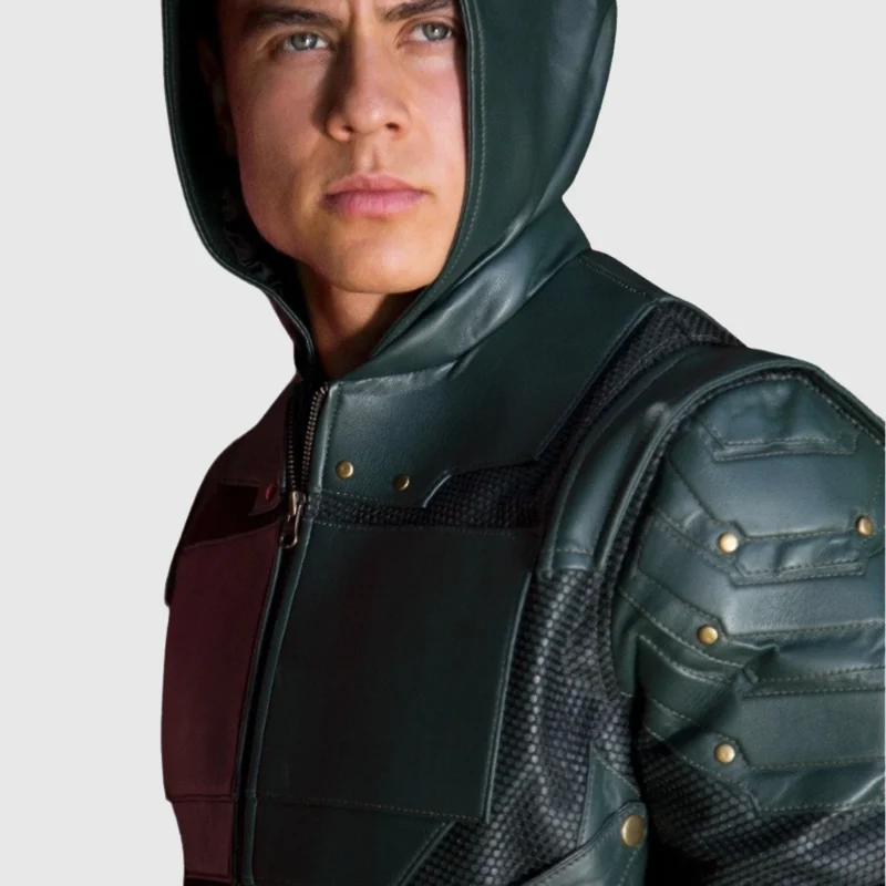 green arrow forest green leather jacket front