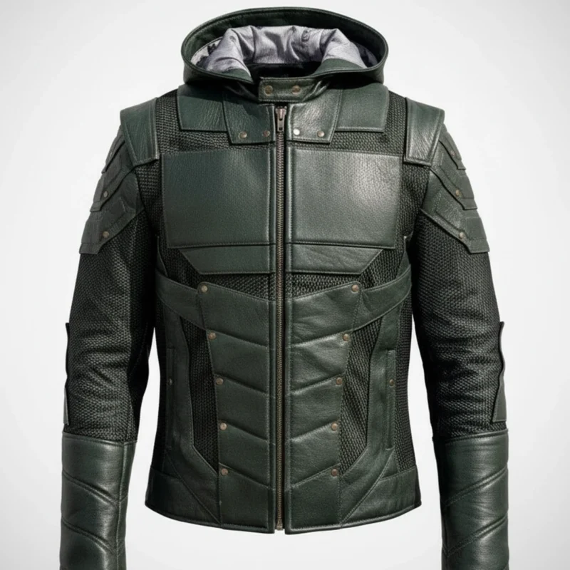 green-arrow-leather-jacket-front