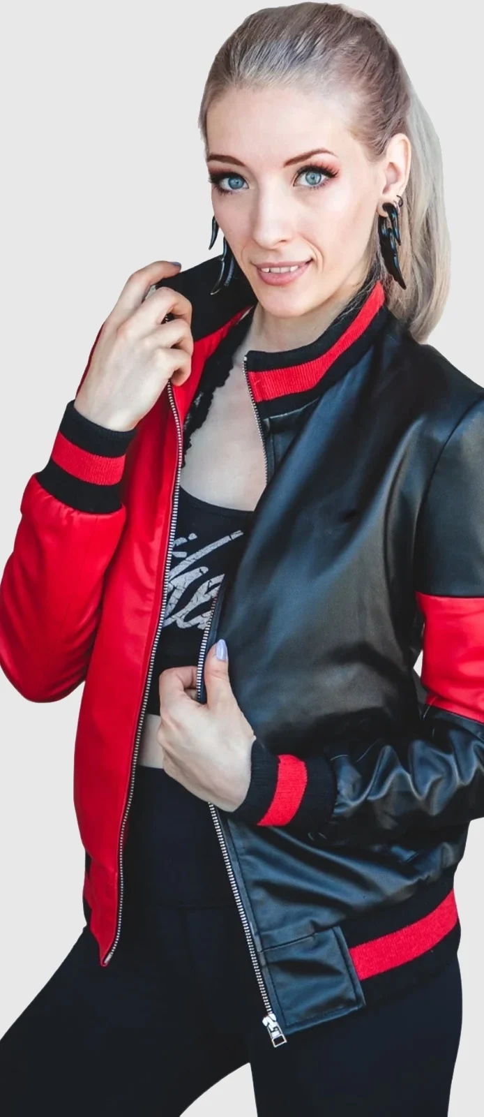 harley quinn black and red leather jacket front