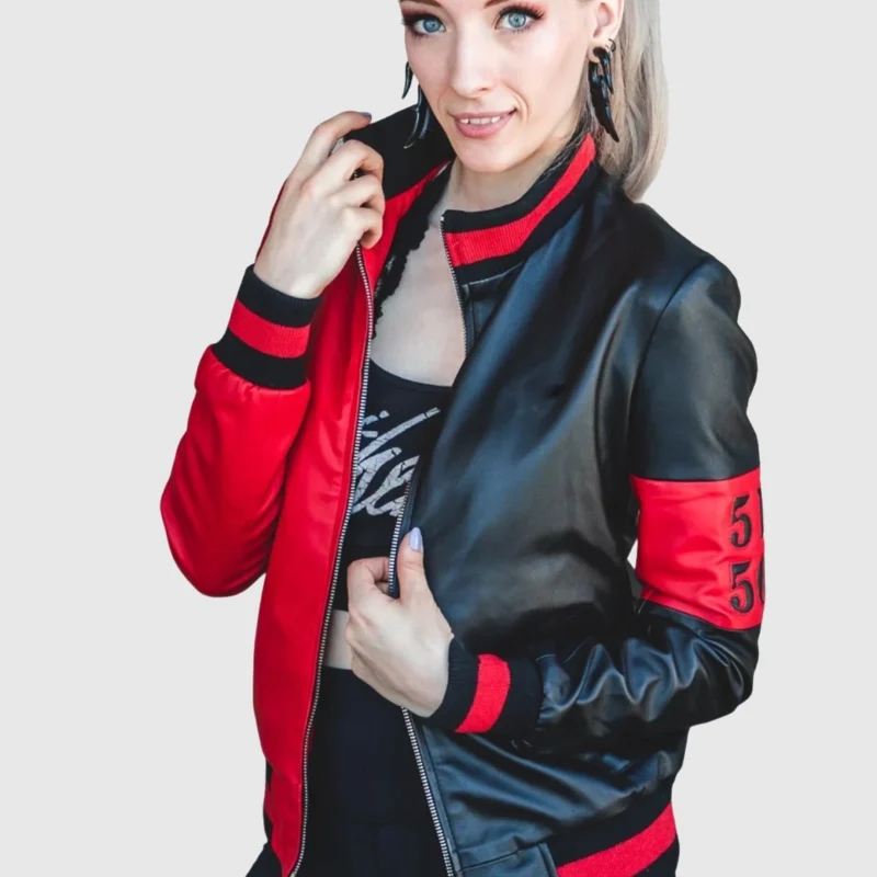harley quinn black and red leather jacket front