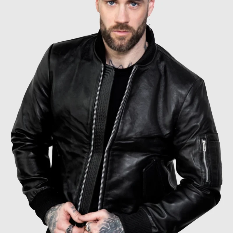 mens flight aviator black leather jacket front 3