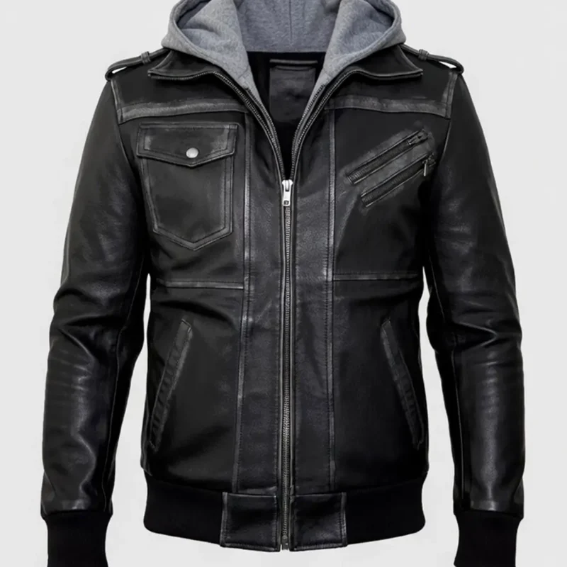 mens-gray-hooded-black-leather-jacket