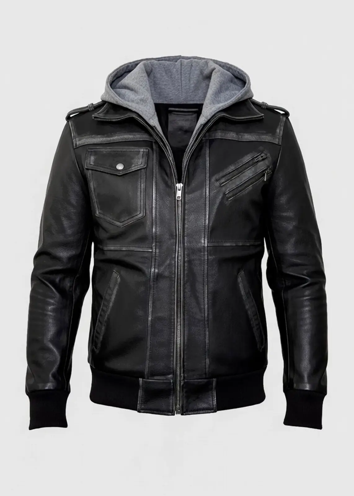 Men’s Gray Hooded Black Leather Jacket