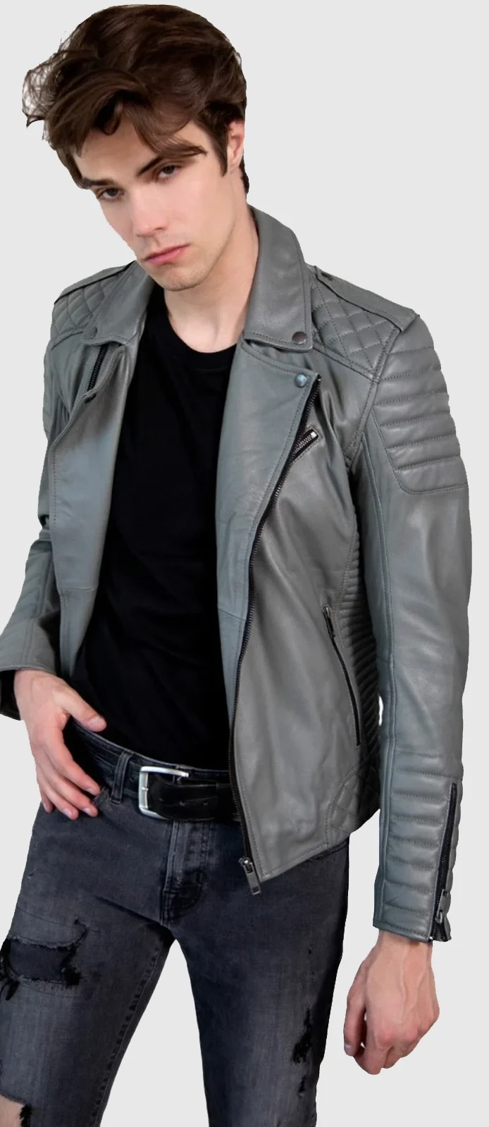 mens gray motorcycle leather jacket front