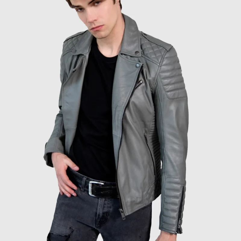 mens gray motorcycle leather jacket front