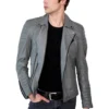 mens gray motorcycle leather jacket front pose