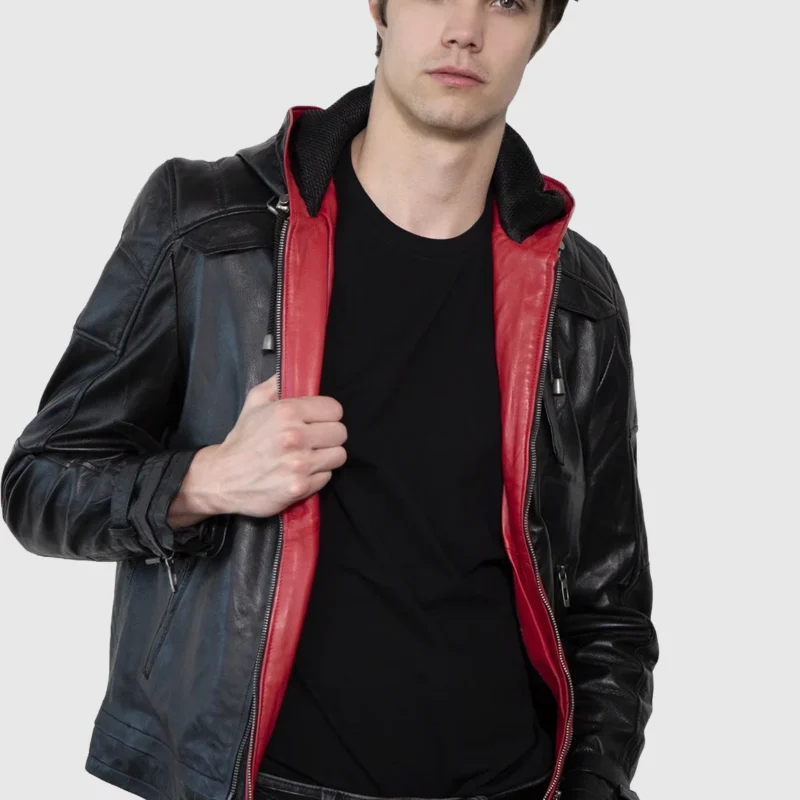 red hooded black leather jacket front