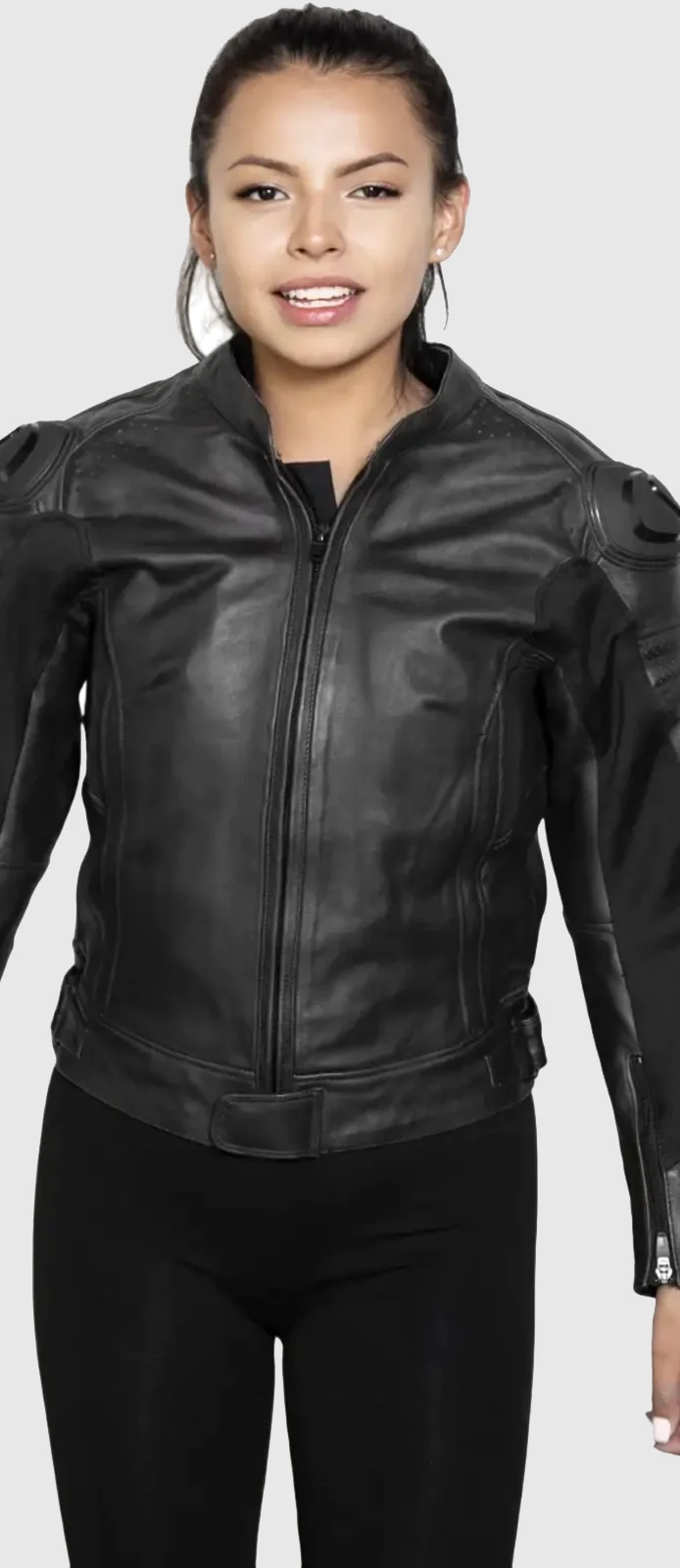 womens black motorcycle leather jacket front