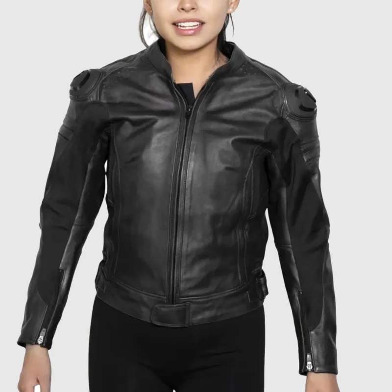 womens black motorcycle leather jacket front