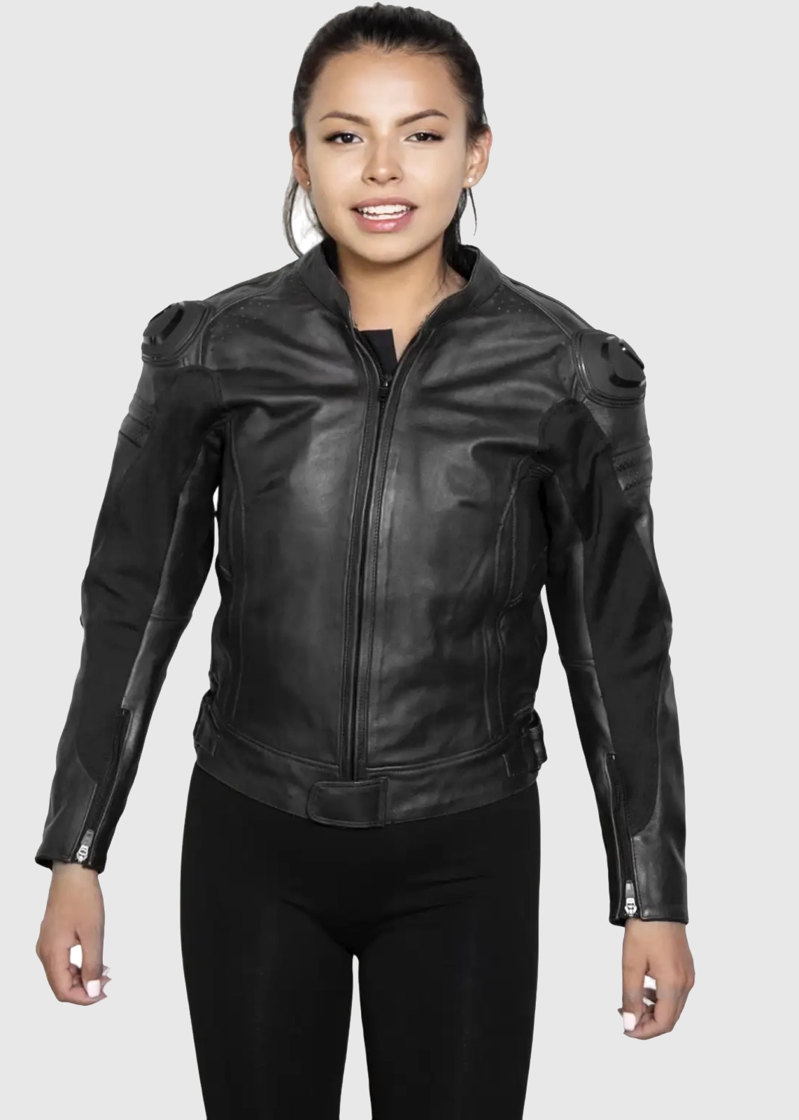 Black Motorcycle Leather Jacket with Armor For Women