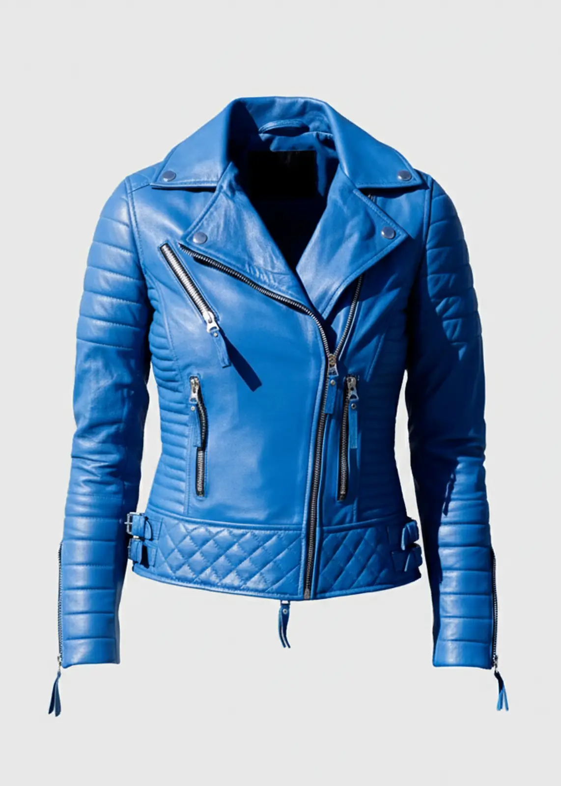 Moto Quilted Blue Leather Jacket for Women